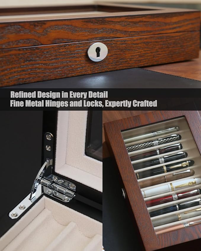 12-Slot Fountain Pen Collector Case – Lockable Wooden Organizer with Glass Display Top, Premium Storage Box for Writing Instruments and Gift for Men