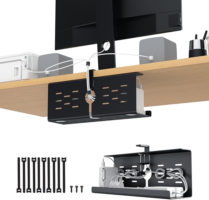 KEEGH 16'' Under Desk Cable Management Tray, Drill Free Clamp/Screws Mount, Sturdy Metal Cable Tray for Place Power Strip, Cord Management Tray Rack, Home, Office, Black