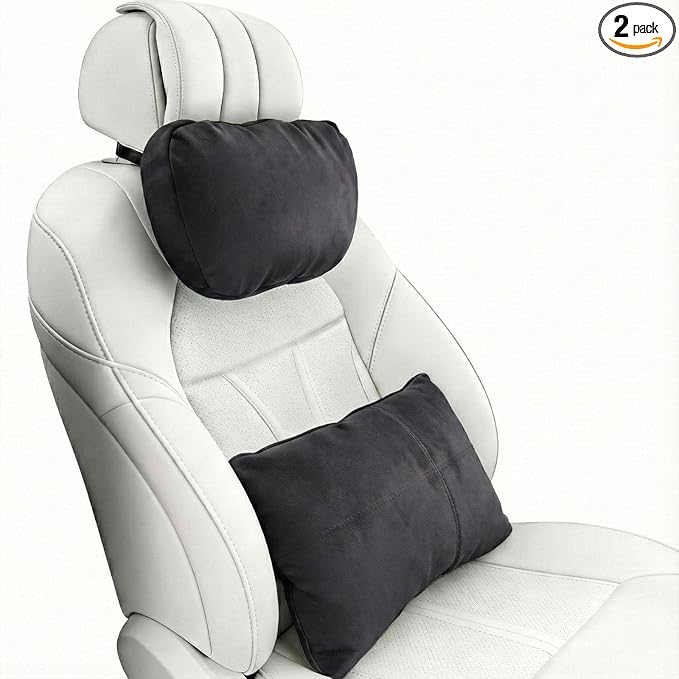 2PCS Car Pillow for Car Neck Pillow for Driving Seat Lumbar Support Soft Cushion with Extra Filling Accessories Back Support for Travel Nap and Trips Sleeping(Black, Head and Lumbar)