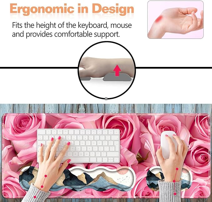 Ergonomic Keyboard Wrist Rest and Mouse Pad Wrist Rest Set, Large XXL Gaming Mousepad 31.5"x 11.8", Memory Foam, Easy Typing Pain Relief, Multifunctional Desk Mat for Office & Home, Pink Roses