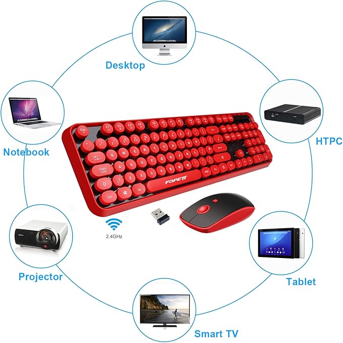 FOPETT Wireless Keyboard and Mouse Combo, 104 Keys Full-Sized 2.4 GHz Round Keycap Colorful Keyboards, USB Receiver Plug and Play, for Windows, Mac, PC, Laptop, Desktop (Black Red)