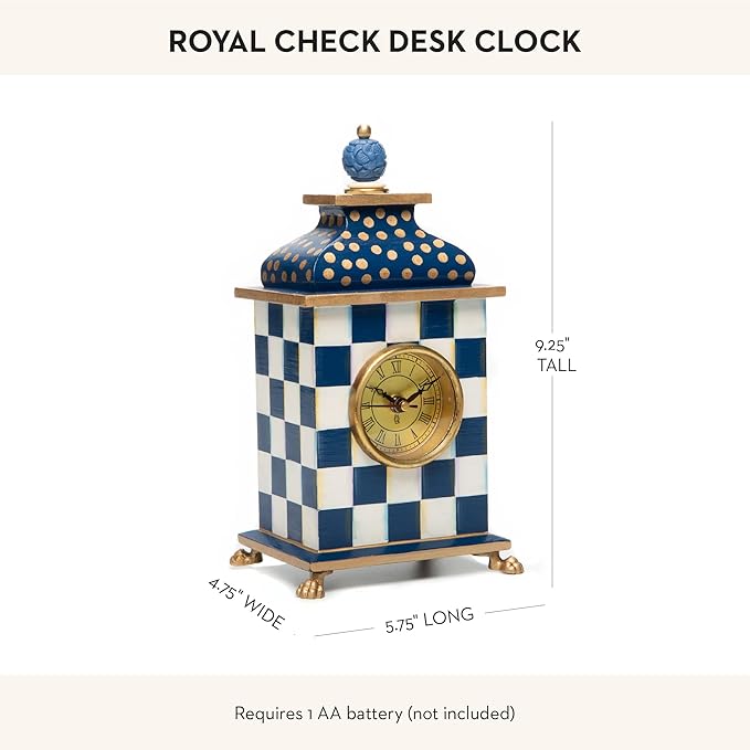 MACKENZIE-CHILDS Desk Clock, Decorative Wood Clock for Kitchen and Living Room, Blue-and-White Royal Check