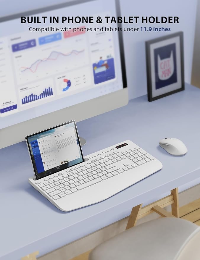 Wireless Keyboard and Mouse Combo - Full-Sized Ergonomic Keyboard with Wrist Rest, Phone Holder, Sleep Mode, Silent 2.4GHz Cordless Keyboard Mouse Set for PC, Laptop - Trueque (Pure White, 1 Pack)