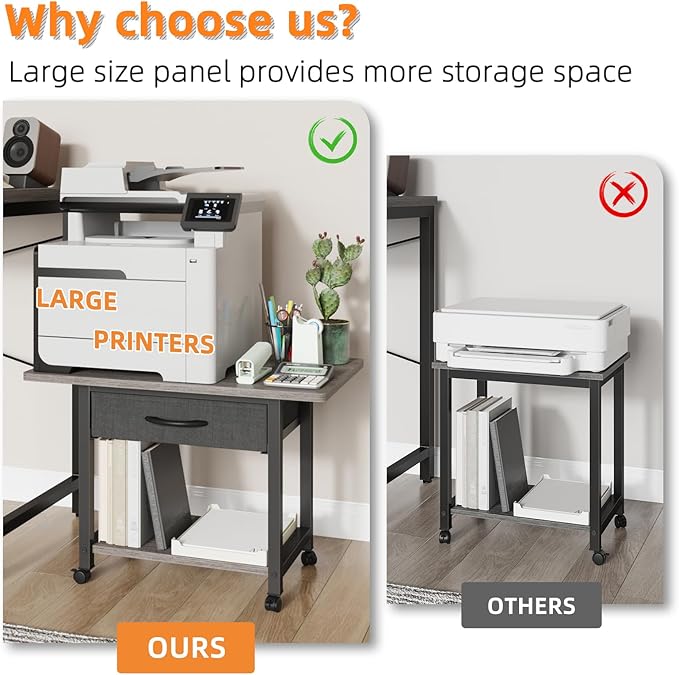 YAOHUOO 22"x15" Large Printer Stand with Storage Drawer, 2-Tier Under Desk Printer Table for Home Office, Printer Cart fit Fax Machine/3D Printer/Scanner(Gray)