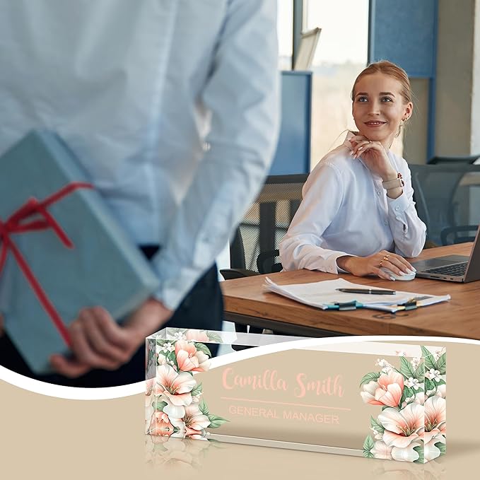 Personalized Name Plate for Desk, Custom Acrylic Desk Name Sign, Office Appreciation Gifts for Women Men Coworkers Boss Teacher Employee (Flower-Lily)