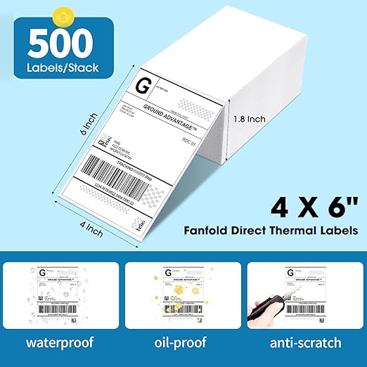 4"×6" Direct Thermal Shipping Label, Fanfold Thermal Label 500 Packs Per Stack, Permanent Adhesive, Compatible with Zebra, Rollo, Jadens, Nelko