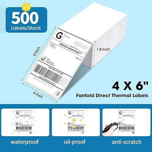 4"×6" Direct Thermal Shipping Label, Fanfold Thermal Label 2000 Packs (500packs Per Stack) Permanent Adhesive, Compatible with Zebra, Rollo, Jadens, Nelko