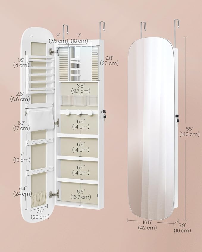 SONGMICS Jewelry Organizer, LED Jewelry Cabinet Wall/Door Mounted, Lockable Rounded Wide Mirror with Storage, Interior Mirror, 3.9 x 16.5 x 55 Inches, White Surface with Greige Lining