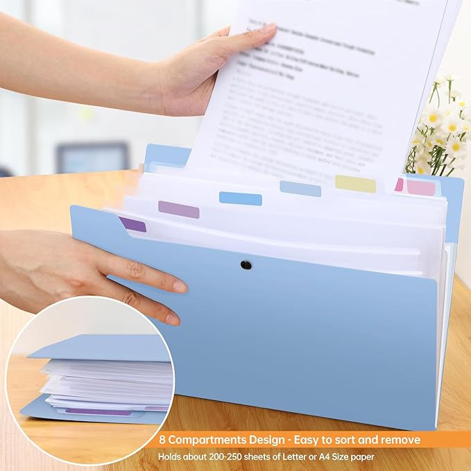 2 Pack Expanding File Folder Organizer with 8 Pockets, Accordion File Organizer for Documents, A4/Letter Size Paper File Folder Organizer with Labels, Portable Folders for School Office Supplies, Blue