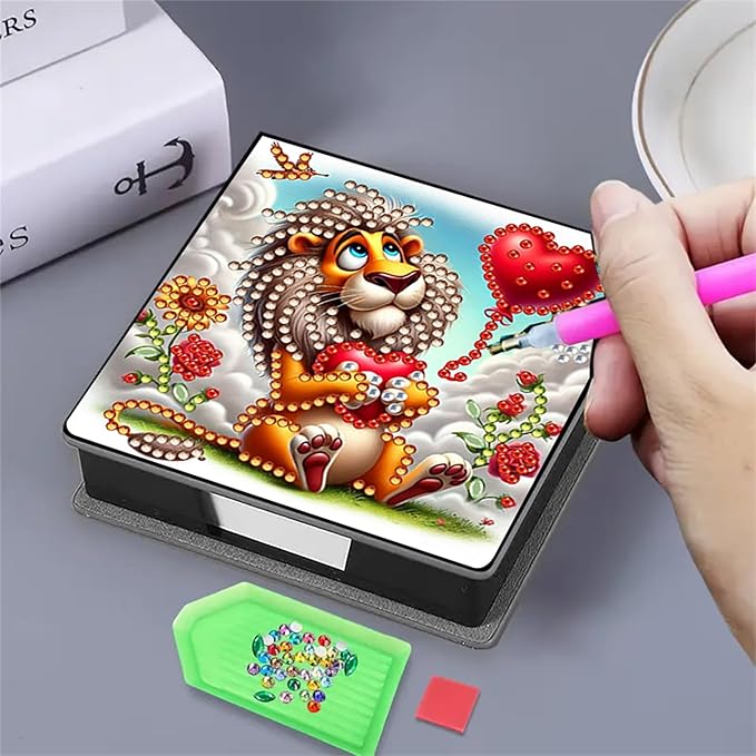 Lion Diamond Painting Note Box Memo Pad Holder,Animal Diamond Art Sticky Notes Organizer for Desk, Aesthetic Stationery Storage Case for Office,School Supplies (Lion)