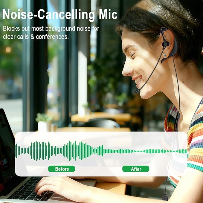 Wired USB Earbud with Microphone Single-Side USB-A Computer Headphone with Adjustable Ear Hook for PC Laptop Computer Mac Zoom Teams Office Work with Volume Controls & Mic/Speaker Mute, Lightweight