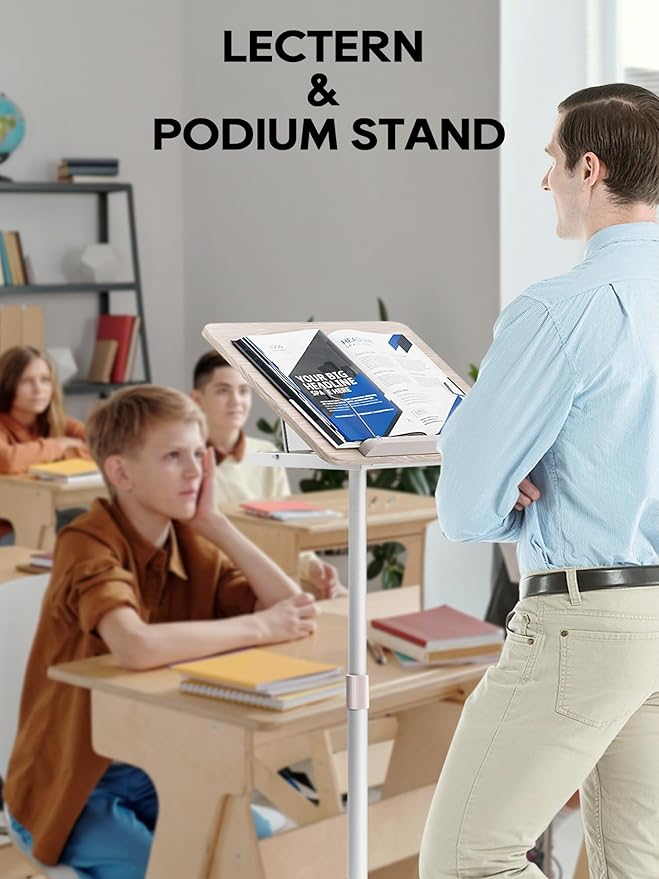 Lectern Podium Stand - Dual-Use Floor and Desktop Book Holder Stand, Height Adjustable Podium Lectern for Church, Weddings,Speech,Classroom,Speech-White