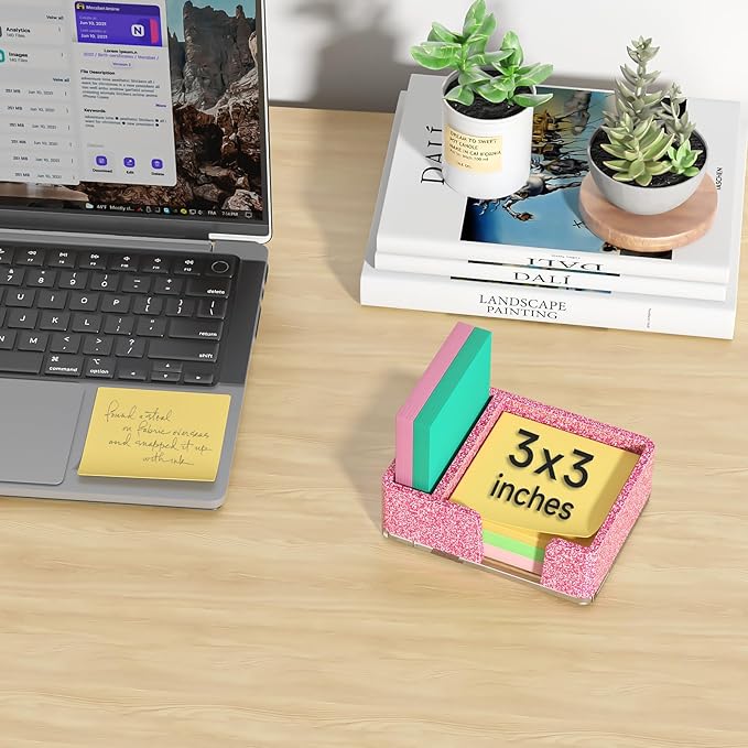Sticky Note Holder with Pen Slot, Glitter Pink Acrylic Notepad Holder 3x3 in Self-Stick Note Dispenser Office Desk Accessories, Memo Pad Holder Organizer for Classroom School Supplies