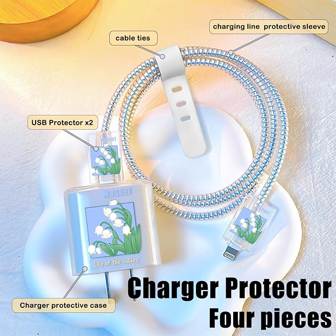 Lovely DIY Cable Protector for iPhone 18W/20W Charger,Cute Muguet Flowers Design Transparent Data Line Cable Saver, Phone Charging Protector for Apple Charger Case