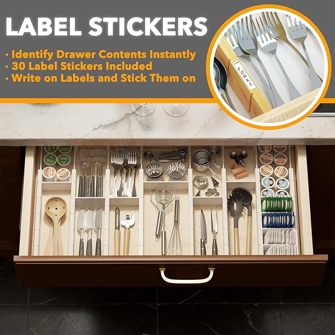 SpaceAid Bamboo Drawer Dividers with Inserts and Labels, Kitchen Adjustable Drawer Organizers, Expandable Organization for Home, Office, Dressers, 10 Dividers with 24 Inserts (17"-22" White)