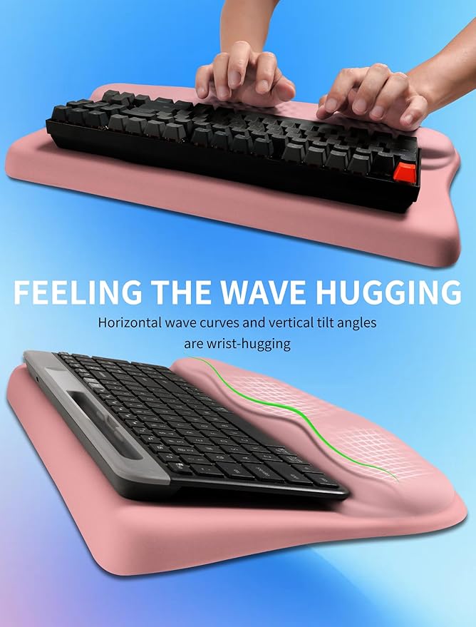 Ergonomic Wave Wrist Rest with Keyboard Stand, Cushioned Palm Rest, Comfortable Integrated Memory Foam for Natural Typing and Relieve Wrist Pain, Pink Serenity