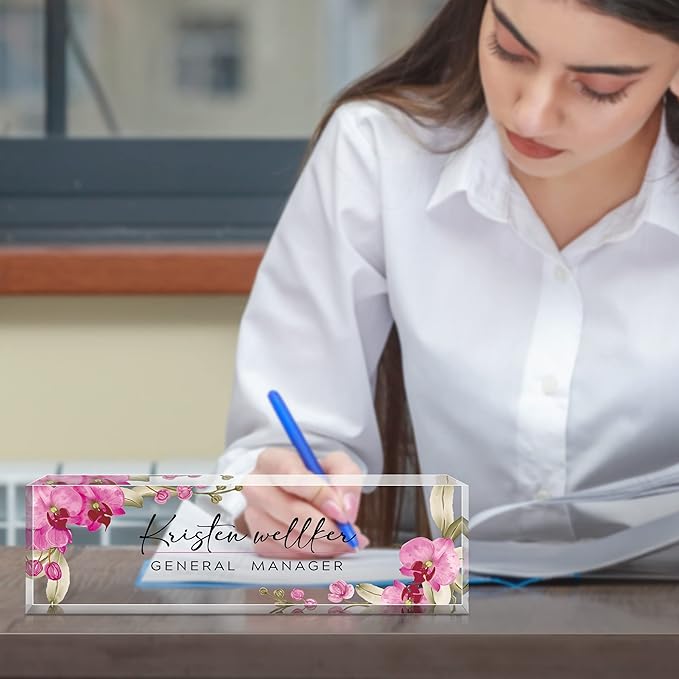 Desk Name Plate Personalized, Premium Butterfly Orchid Acrylic Desk Name Plate, Personalized Name Plate for Desk, Office Decor for Women or Men Coworkers, Boss, Employee, Teacher
