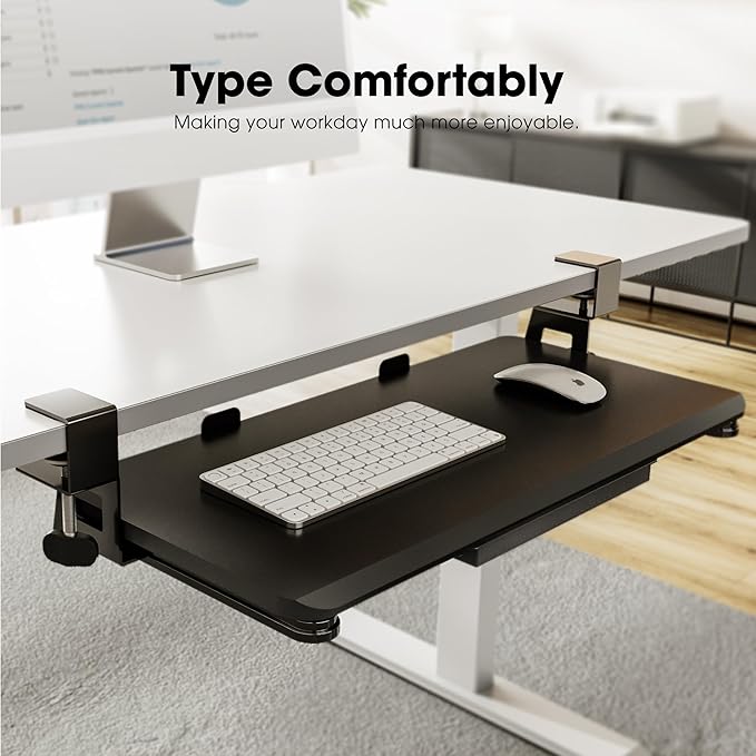 Fenge Keyboard Tray Under Desk, Pull Out Keyboard & Mouse Tray with C Clamp Mount, Sliding Keyboard Holder for Desk, 25.6 x 11.8 inch Large Slide-Out Platform Computer Drawer for Typing, Black