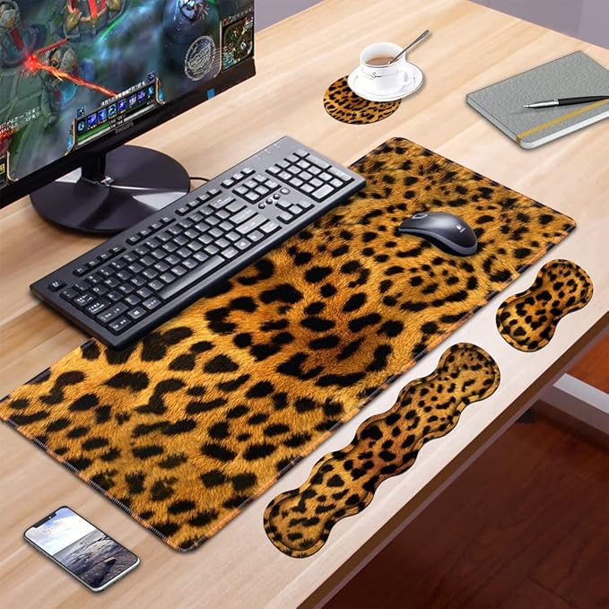 Ergonomic Keyboard Wrist Rest and Mouse Pad Wrist Rest Set, Large XXL Gaming Mousepad 31.5"x 11.8", Memory Foam, Easy Typing Pain Relief, Multifunctional Desk Mat for Office & Home, Leopard Print