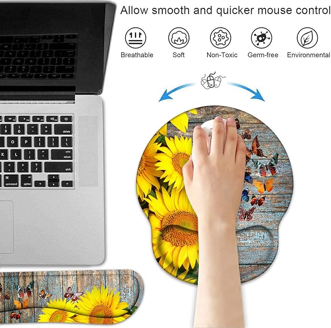 Keyboard Wrist Rest and Mouse Pad Wrist Support Set with Coasters, Sunflower and Butterfly Design Wrist Mouse Pad with Non-Slip PU Base for Computer Laptop Home Office Working Studying Easy Typing