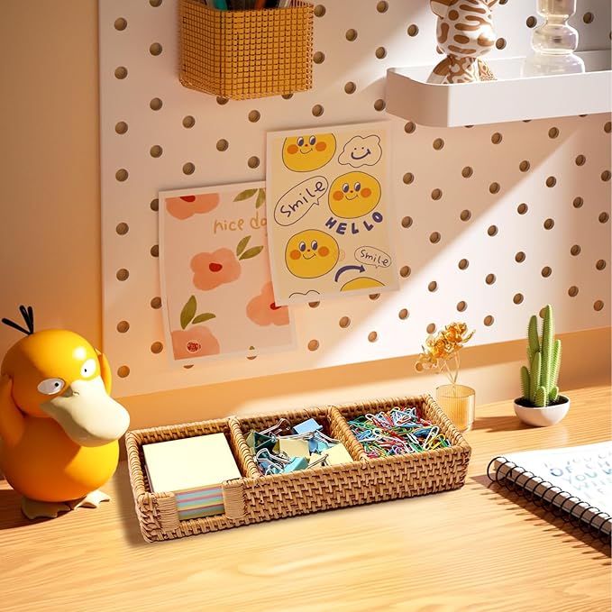 3 x 3 Inch Sticky Note Holder,Rattan Post It Note Dispenser,3 Slot Sticky Note Dispenser,Wicker Post It Holder for Home Office Desk Decor,Honey Brown