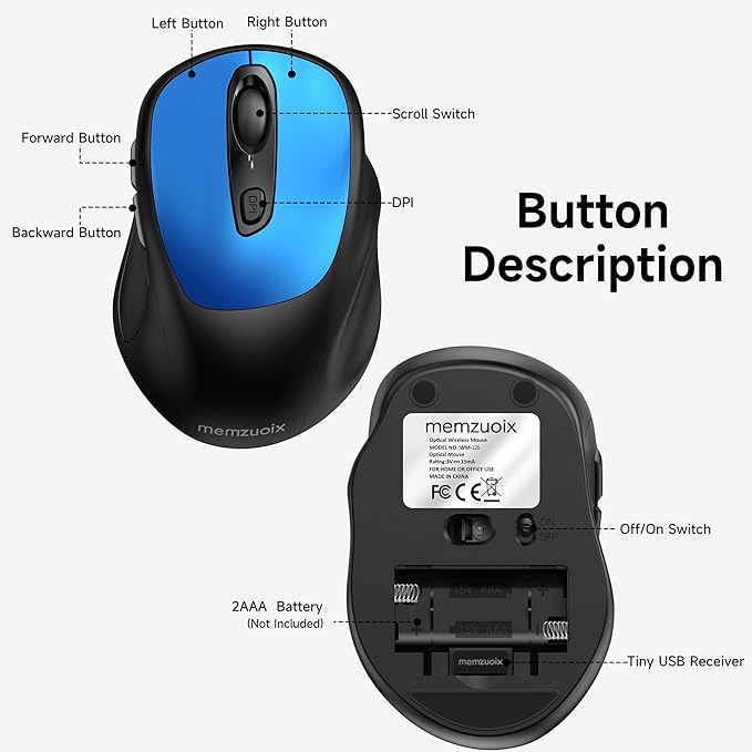memzuoix Wireless Mouse, 2.4GHz Nano Receiver, 3 DPI Levels (800/1200/1600), 6 Buttons, Compatible with PC/Mac/Laptop (Blue)