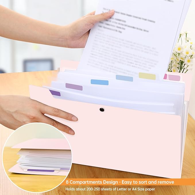2 Pack Expanding File Folder Organizer with 8 Pockets, Accordion File Organizer for Documents, A4/Letter Size Paper File Folder Organizer with Labels, Portable Folders for School Office Supplies, Pink