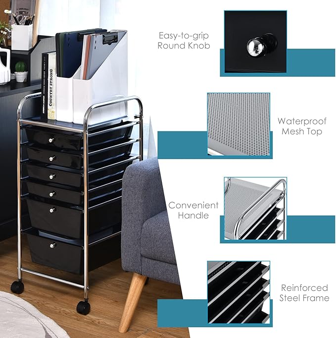 Giantex Rolling Storage Cart with 6 Drawers, Multipurpose Mobile Organizer Cart for Tools Scrapbook Paper Home Office School (Black)