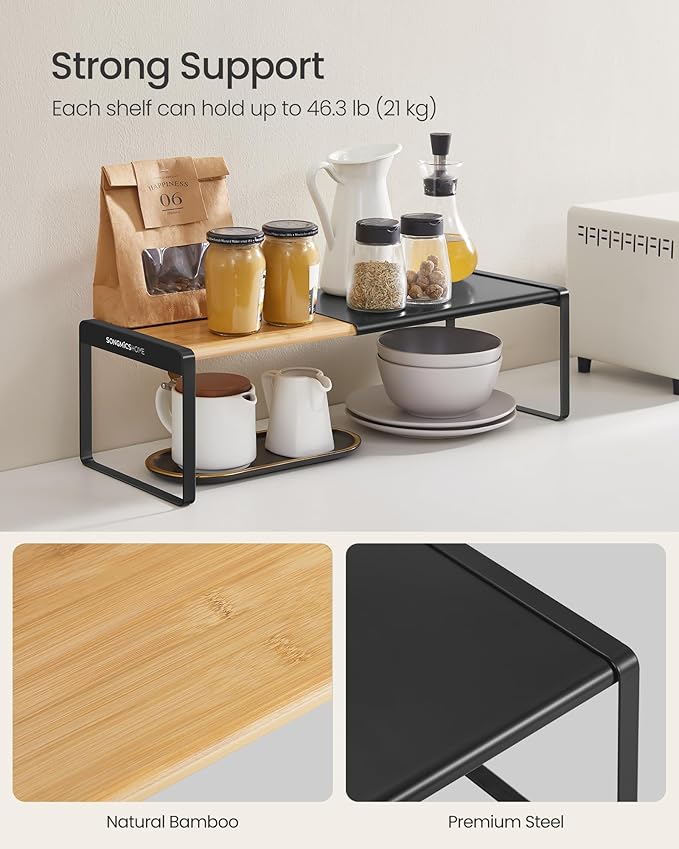 SONGMICS HOME Spice Racks, Expandable Cupboard Shelf Orgnizers, Kitchen Counter Shelves, Bamboo and Metal, Space-Saving Shelving, Stackable, Light Bamboo and Ink Black UKCS051B01