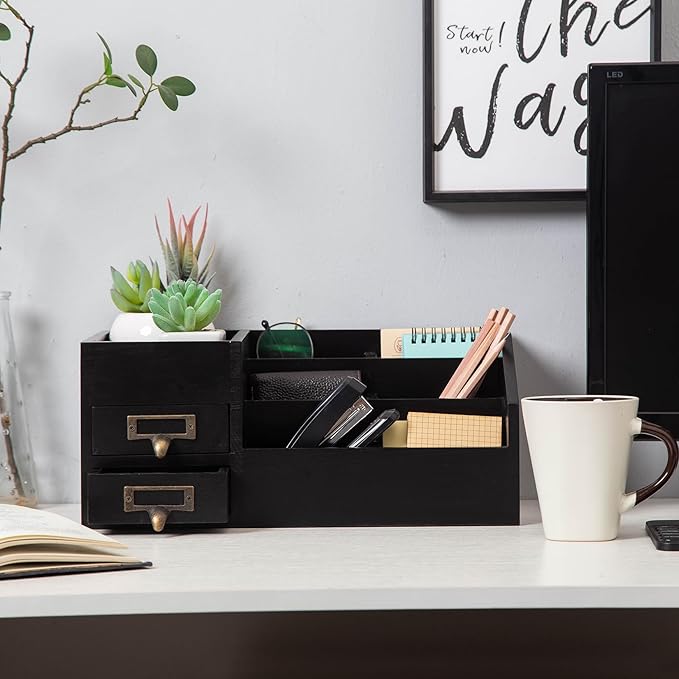 Distressed Rustic Wooden Office Desktop Organizer Wood Shelf Tabletop Home Organizer Storage with Multiple Compartments 2 Tier Drawers,perfect Jewelry storage Display Box for Desk, Vanity (Black)