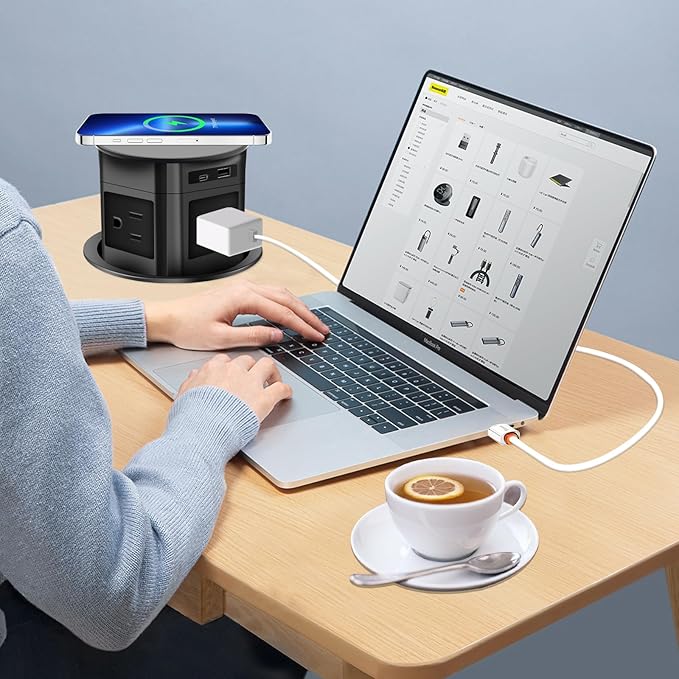 Pop Up Outlet; 15W Wireless Charger, 4 Outlets 1875W USB-A/C PD20W Super Charging 6.5FT 16AWG Cable 3.86 inch Desk Hole Pop Up Power Outlet for Kitchen Countertop,Office Table (Black)