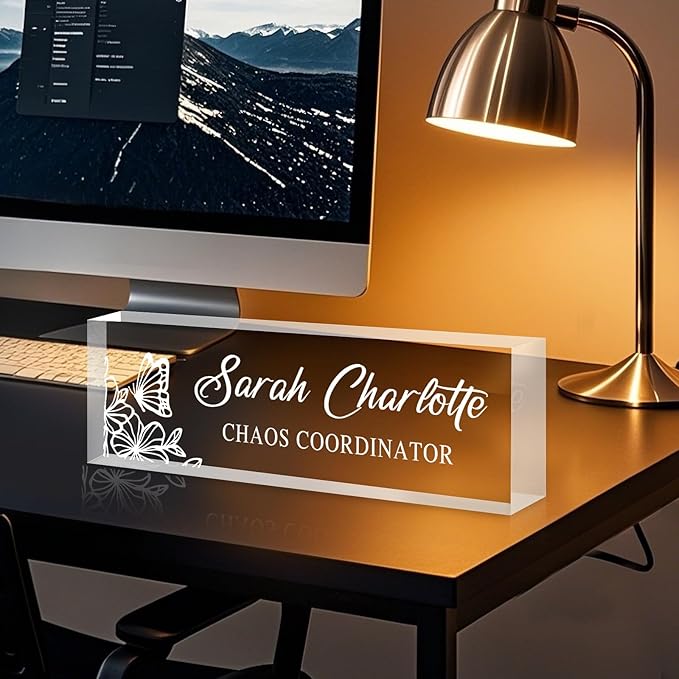 Custom Name Plate for Desk, Personalized Desk Name Plate on Clear Acrylic Glass, Appreciation Gifts for Teacher Employee Boss Coworkers Nurse, Office Desk Accessories for Women Men (Engraved Garden)