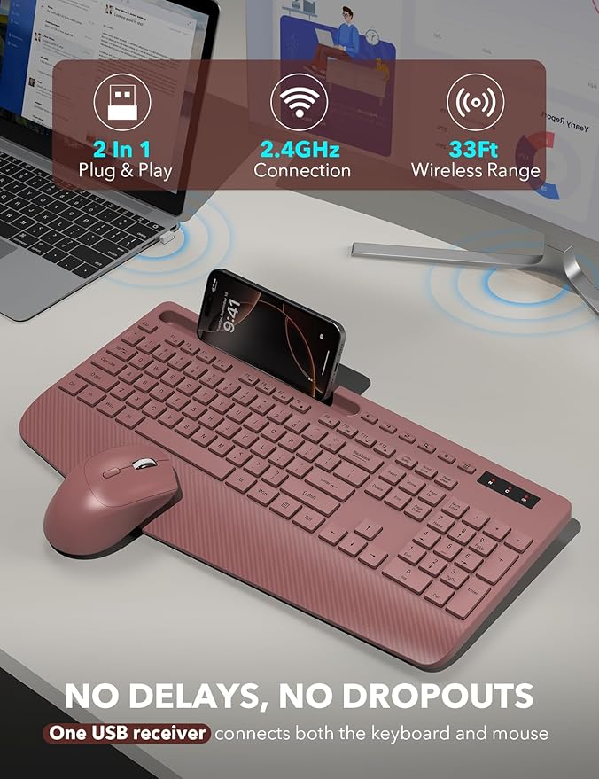 Wireless Keyboard and Mouse Combo - Full-Sized Ergonomic Keyboard with Wrist Rest, Phone Holder, Sleep Mode, Silent 2.4GHz Cordless Keyboard Mouse Combo for Computer, Laptop, PC, Mac, Windows -Trueque