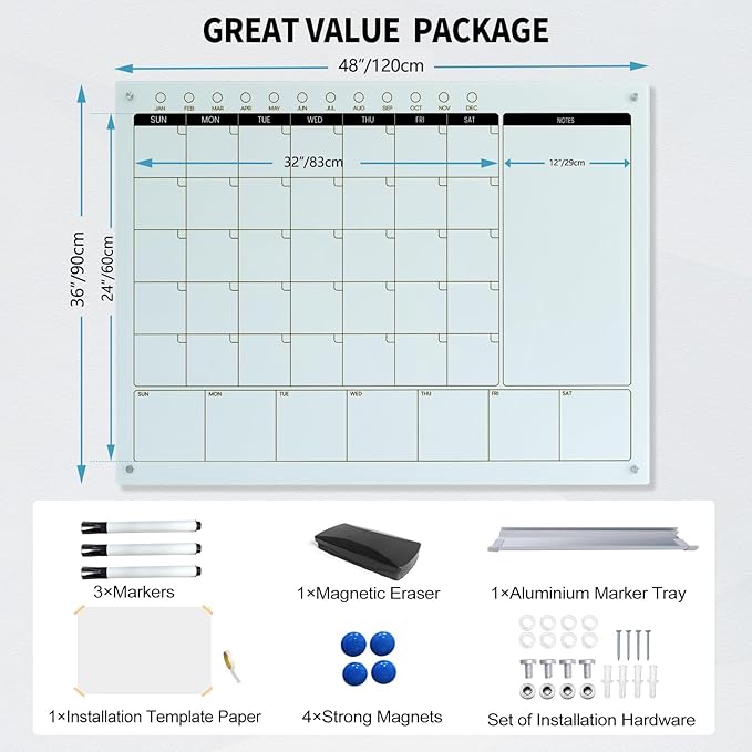 Magnetic Glass Whiteboard Calendar 48"x36" Glass Dry Erase Calender Board 36"x48" Monthly Plan White GlassBoard Wall Mounted for Office School Home (White)