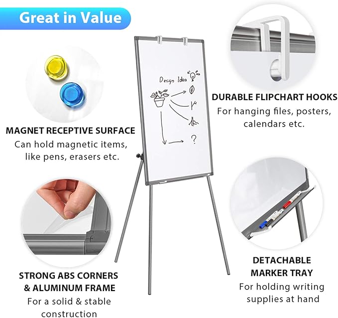 Easel Whiteboard - Magnetic Portable Dry Erase 36 x 24 Tripod Height Adjustable, 3' x 2' Flipchart Easel Stand White Board for Office (36x24 Gray)