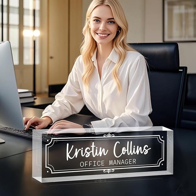 Custom Name Plate for Desk, Personalized Name Plate on Clear Acrylic Glass, Appreciation Gifts for Teacher Employee Boss Coworkers Nurse, Office Desk Accessories for Women Men (Engraved Classic)