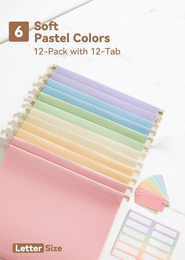 Plastic Hanging File Folders Letter Size, 12 Pack Pastel Hanging Folders, with Insertable 1/5-Cut Tabs for Filing Cabinets