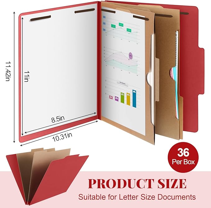 Skyygemm 36 Pcs Classification Folders Letter Size, 2 Pocket Dividers Pressboard File Folder with Fasteners, Expanding File Organizer Bulk for Teachers, Clergy, Office, Church, Christmas (Red)