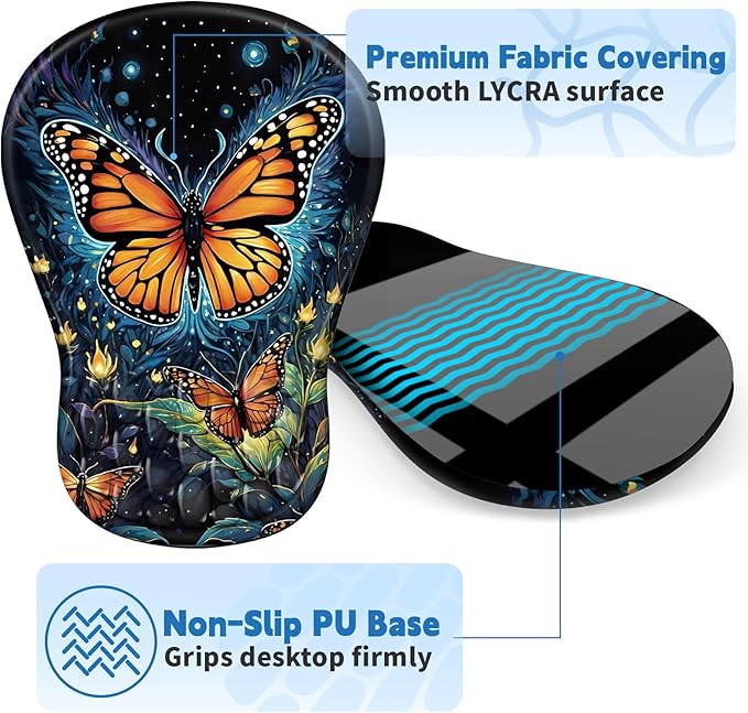 YIWEI Ergonomic Mouse Pad with Wrist Rest - Comfortable Office Mousepad with Memory Foam Wrist Support for Carpal Tunnel Relief, Mouse Pads with Non-Slip Base for Gaming and Home (Butterfly)