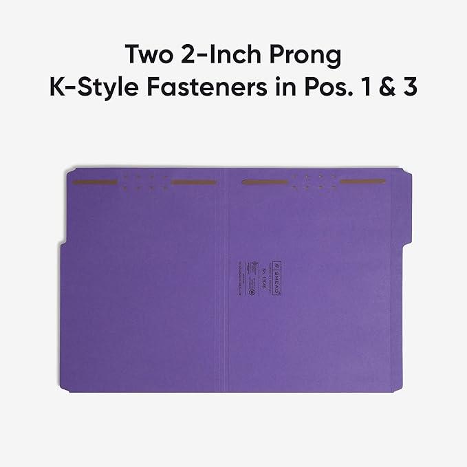 Smead Fastener File Folders, Reinforced 1/3-Cut Tabs, 2 Fasteners, Letter Size, Purple, 50 per Box (13040)