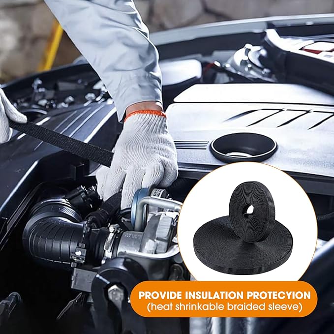 Black 2:1 Ratio Automotive Heat Shrink Braided Sleeving,Wear-Resistant Flat Woven Shrinkable Sleeve Fabric Car Cable Wires Hoses Protection (1"-66ft)