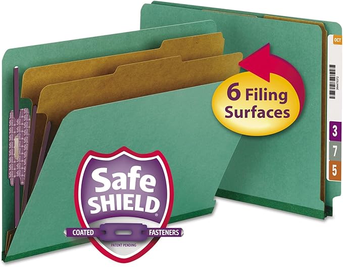 Smead 100% Recycled End Tab Pressboard Classification File Folder with SafeSHIELD Fasteners, 2 Dividers, 2" Expansion, Letter Size, Green, 10 per Box (26785)
