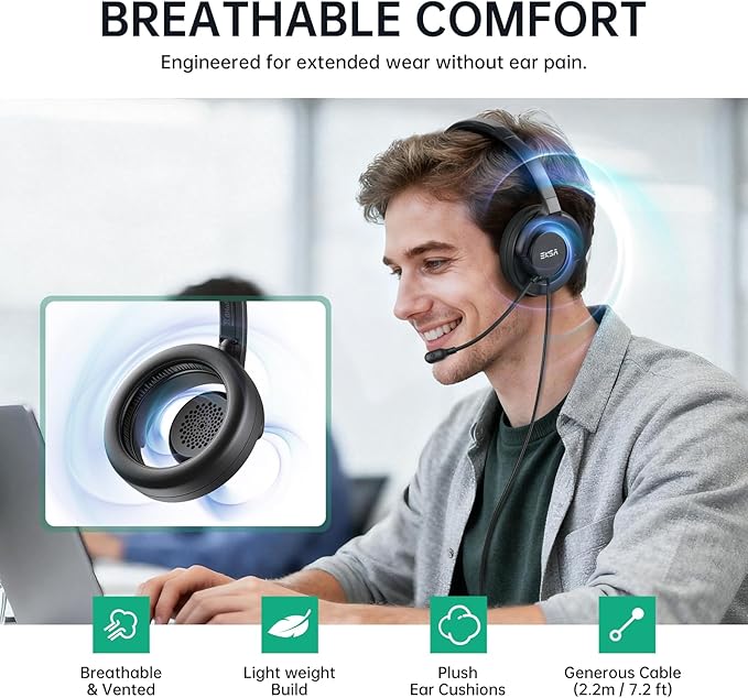 EKSA H27 USB Computer Headset with Microphone for Work, PC Headset with Noise Cancelling Mic, Wired Over-Ear Headphones with in-Line Controls, USB Headset for PC/Computer/Laptop/Call Center/Office