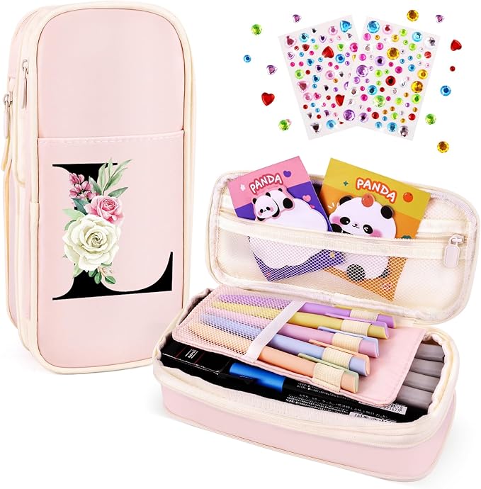 Preppy Pencil Case for Girls, Cute Large Pencil Pouch, Personalized Initial Pencil Bag with Zipper for School College Office Supplies, Back to School Supplies Gifts for Teen Girls (L, Pink)