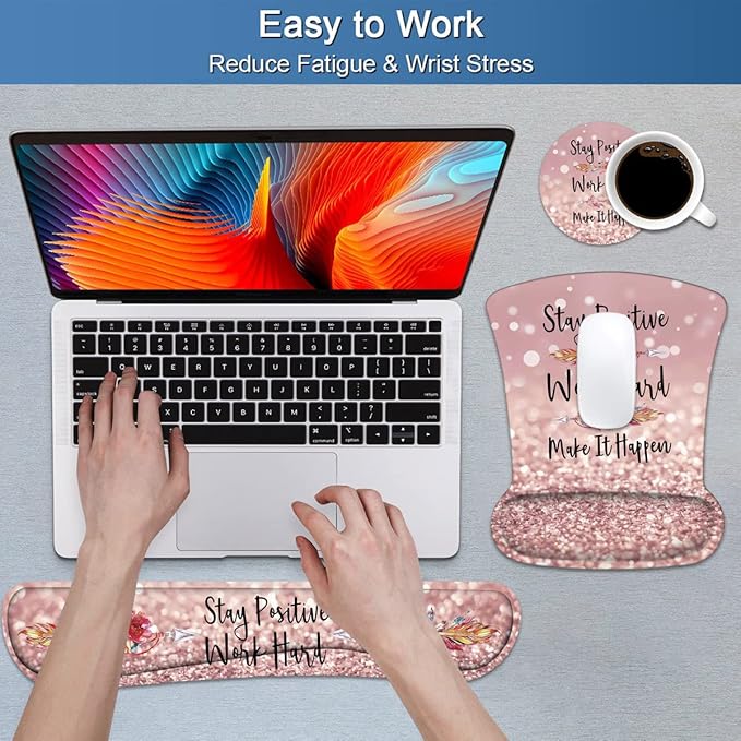 Keyboard Wrist Rest and Mouse Pad Wrist Support Set with Coasters, Inspirational Quote Stay Positive Work Hard and Make It Happen Wrist Mouse Pad with Non-Slip PU Base for Computer Laptop Home Office