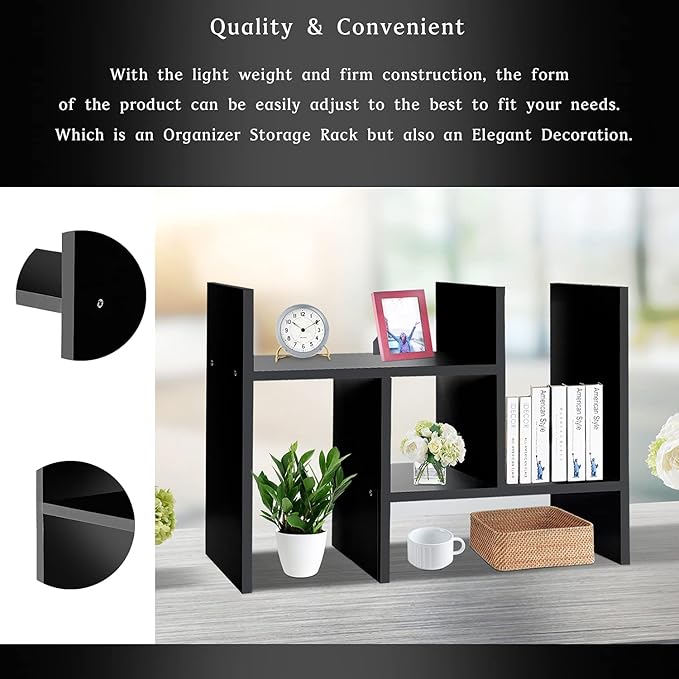 J.M.Deco Desktop Organizers and Storage for Office, Adjustable Desktop Organizer Shelf Double H Display, True Natural Stand Shelf, Black