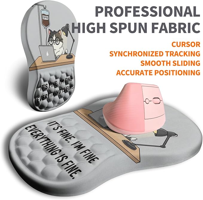 Ergonomic Joint Wrist Support Mouse Pad with Memory Foam Cushion Massage Bump, Carpal Tunnel Pain Relief Mousepad Slope Design for Wrist Rest, 11.8x7.9 in, Funny Coffee Cat