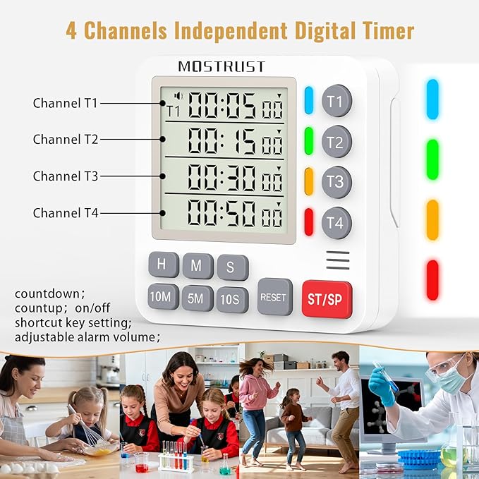 Digital Dual Kitchen Timer, 4 Channels Independent Countdown Timer, Large Display, On/Off, Loud Volume Alarm and Flashing Light with Magnetic Back, Stand, Battery Included (White)