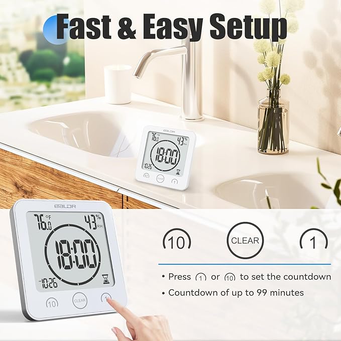 Baldr Shower Clock Waterproof Bathroom Clock with Timer/Temperature/Humidity, Digital Timers for Kids and Adults, Bath Kitchen Study, White