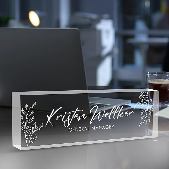 Custom Office Name Plate for Desk, Desk Name Plate Personalized, Personalized Gifts for Women, Appreciation Gifts for Employee Coworkers Boss Teacher, Office Accessories (Engrave Leaves)